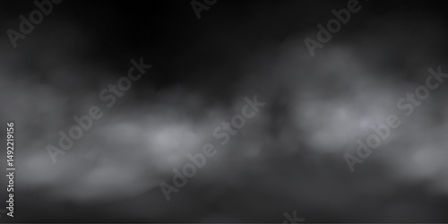 White fog or smoke cloud on black background. Realistic smoke effect vector illustration. Smoky mist, toxic vapor, meteorological phenomenon, condensation over land or water surface.