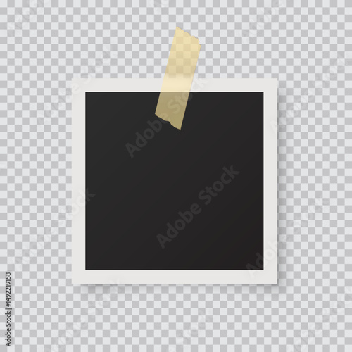 Blank retro photo frame with tape. Empty vintage photograph placeholder with white border on transparent background. Template for scrapbook or memory album. Realistic vector illustration.