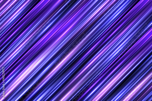 Abstract light speed background with diagonal blue and purple lines on black. Game futuristic backdrop. Vibrant dynamic energy waves pattern. Modern technology vector illustration.