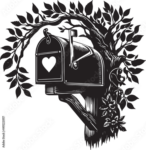 A black and white illustration of a mailbox with a heart and a tree around it
