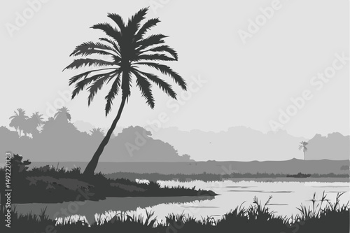 100 1 palm tree, tropical landscape, moody, black and white, minimalist, cinematic, dramatic lighting, serene, tranquil, reflective water, atmospheric, mist, fog, overcast skies, beauty in simplicity,