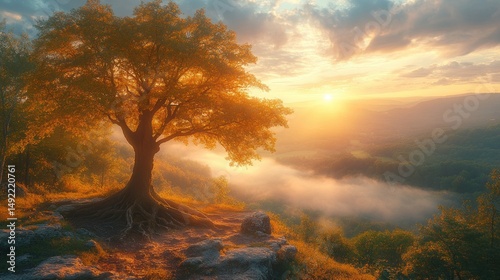 Majestic tree atop a cliff at sunrise