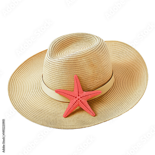 straw hat and starfish isolated on white background 