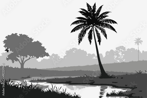 100 1 palm tree, tropical landscape, moody, black and white, minimalist, cinematic, dramatic lighting, serene, tranquil, reflective water, atmospheric, mist, fog, overcast skies, beauty in simplicity,