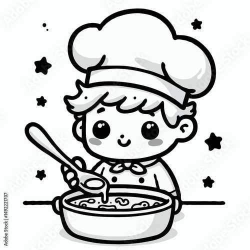 Cartoon boy chef cooking in pot