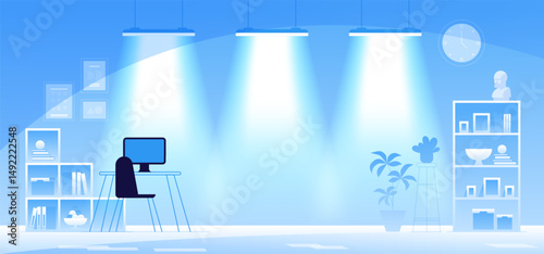 Office interior. Empty no people open space cabinet room with furniture. Office workstation furniture interior concept. Modern coworking area. Vector flat horizontal cartoon illustration