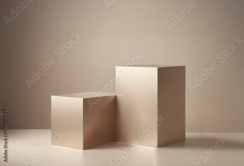 Minimalist Pearl White Podium Display – Tiered Rectangular Product Scene with Soft Studio Lighting, Clean Modern Setup for Cosmetics or Skincare