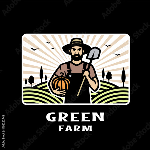 Farmer with a shovel and a pumpkin in his hands against the background of a farm on a dark background.