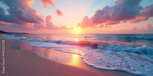 Pastel sunrise hues illuminate sandy shore, calm sea, sky, beach