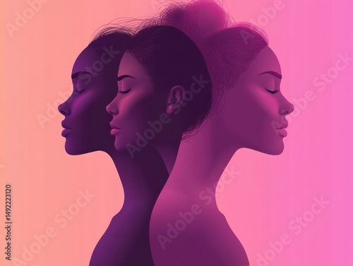 Three profiles of serene women with closed eyes in gradient purple and pink tones facing opposite directions expressing calmness and introspection