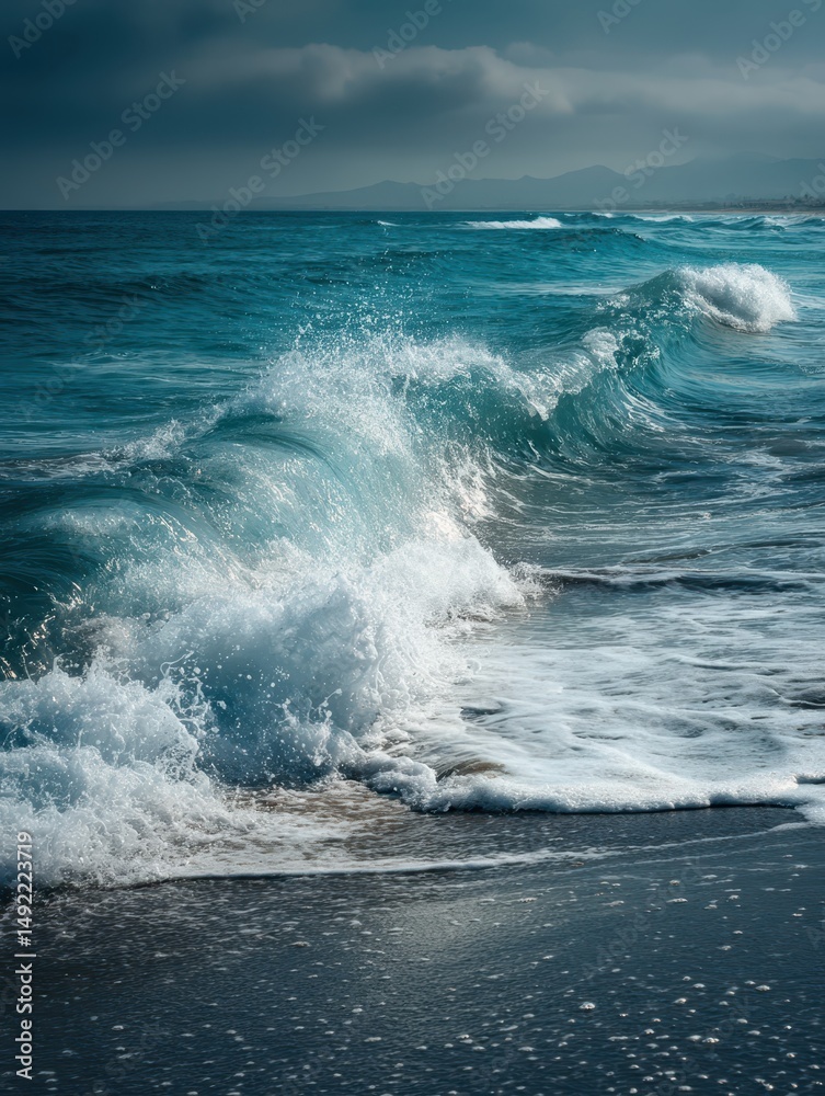 Fototapeta premium Ocean waves rise and fall with energy, creating white frothy peaks as they reach the sandy shore. The serene atmosphere is highlighted by the fading daylight, showcasing nature’s beauty