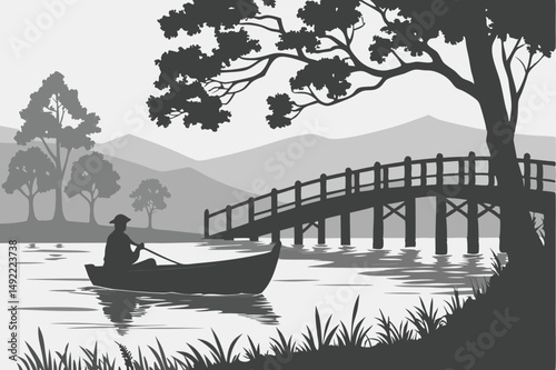 102 moody atmosphere, dramatic silhouette, peaceful lake, reflection on water, wooden bridge, lone boat, silhouette of person in boat, atmospheric lighting, black and white, minimalist landscape