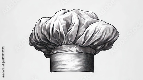Detailed black and white drawing of a traditional puffy chef's hat showing fabric folds and texture