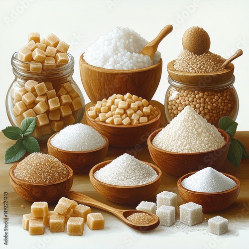 Various types of sugar displayed in wooden bowls and glass jars with sugar cubes and granulated sugar scattered on a wooden surface with green leaves as decoration