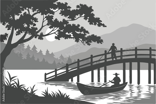 102 moody atmosphere, dramatic silhouette, peaceful lake, reflection on water, wooden bridge, lone boat, silhouette of person in boat, atmospheric lighting, black and white, minimalist landscape