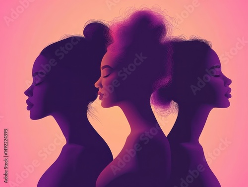 Silhouettes of three female profiles with closed eyes against a warm gradient background conveying calmness and unity