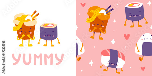 Cute asian food pattern set. Seamless vector print collection with asian food.