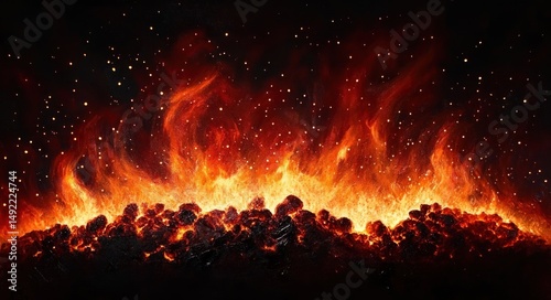Intense bright orange and red flames rising from glowing hot coals with dark background and numerous bright sparks flying upwards
