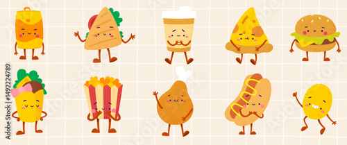 Fast food characters set. Cute vector street food mascot collection. Fast food and drink bundle.