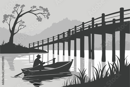 102 moody atmosphere, dramatic silhouette, peaceful lake, reflection on water, wooden bridge, lone boat, silhouette of person in boat, atmospheric lighting, black and white, minimalist landscape