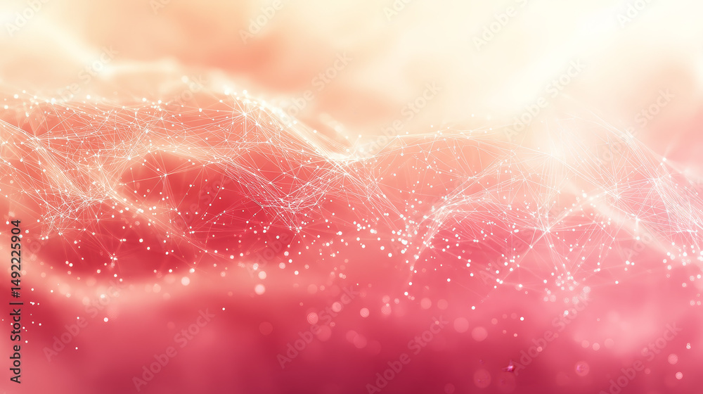 Fototapeta premium Abstract digital landscape of interconnected points and lines. Soft, warm, and ethereal, with a gradient of pink and orange hues