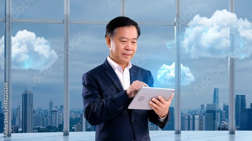 Businessman using digital tablet with cloud computing concept in city office. Modern technology, data management, and cloud services visualization.