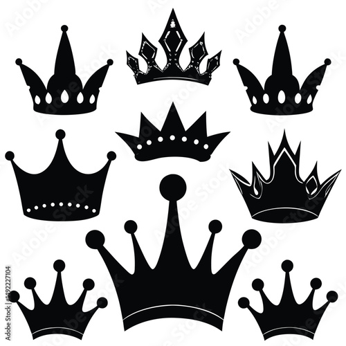 Silhouette Crown Set – Vector Collection of Royal Crowns on White Background

