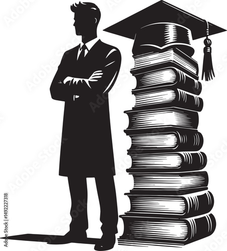 Silhouette of graduate with arms crossed standing next to a book stack and cap