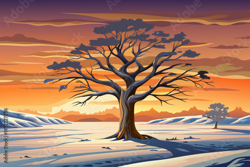 View of Lone Tree on Snowy Plain at Sunset with Soft Evening Light landscape