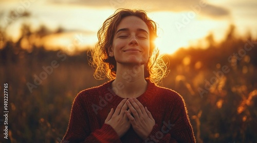 Peaceful woman in nature at sunset