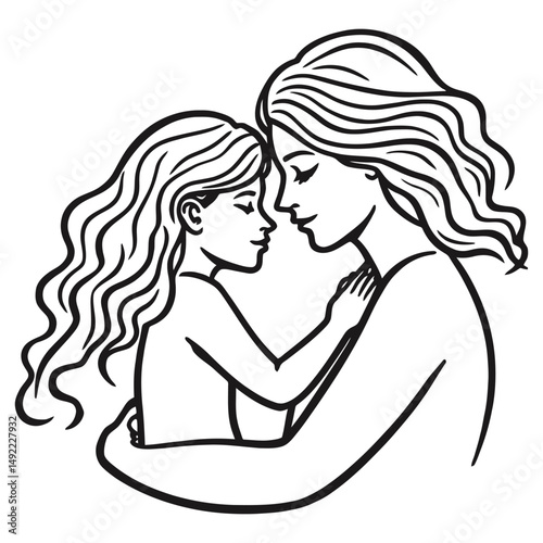 Mother and Daughter Line Art – Loving Family Sketch Illustration