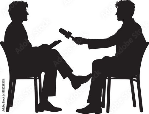 Silhouette of man being interviewed by another man with microphone on white background