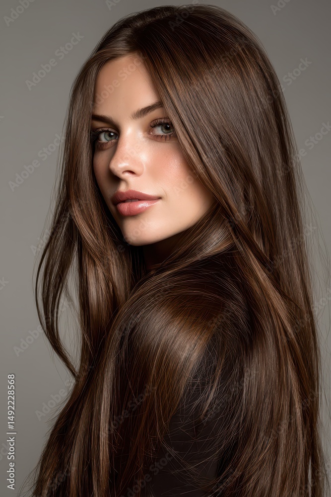 Obraz premium A stylish woman poses gracefully with long, flowing hair that cascades down her shoulders. Her confident expression embodies elegance and charm, set against a neutral backdrop