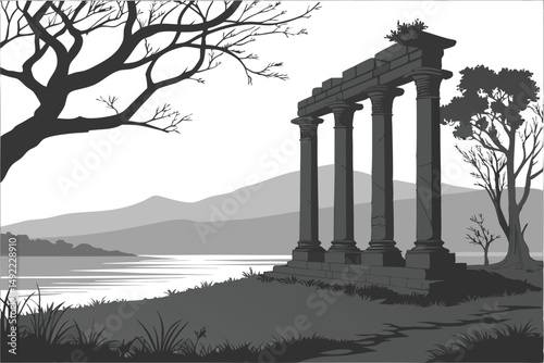 103 dramatic mysterious architectural ruins, crumbling stone columns, standing in a calm misty lake, landscape with mountains in the background, moody dark dramatic sky, long exposure, black and white