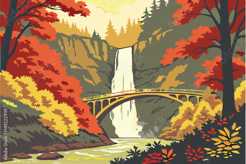 104 colorful autumn scene, lush foliage, cascading waterfall, wooden bridge, scenic nature landscape, detailed texture, high resolution