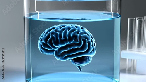 Artificial brain suspended in fluid inside a glass container. Futuristic concept of neuroscience, artificial intelligence, and experimental science.