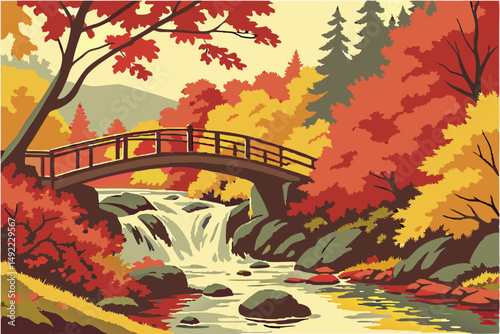 104 colorful autumn scene, lush foliage, cascading waterfall, wooden bridge, scenic nature landscape, detailed texture, high resolution