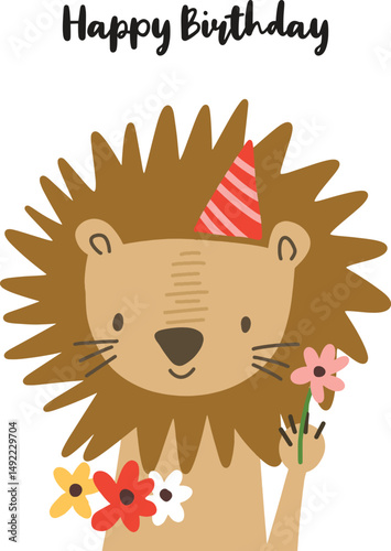 Cute Lion with Flowers and Party Hat Birthday Greeting