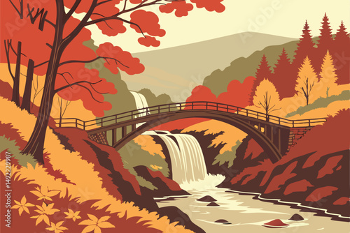104 colorful autumn scene, lush foliage, cascading waterfall, wooden bridge, scenic nature landscape, detailed texture, high resolution