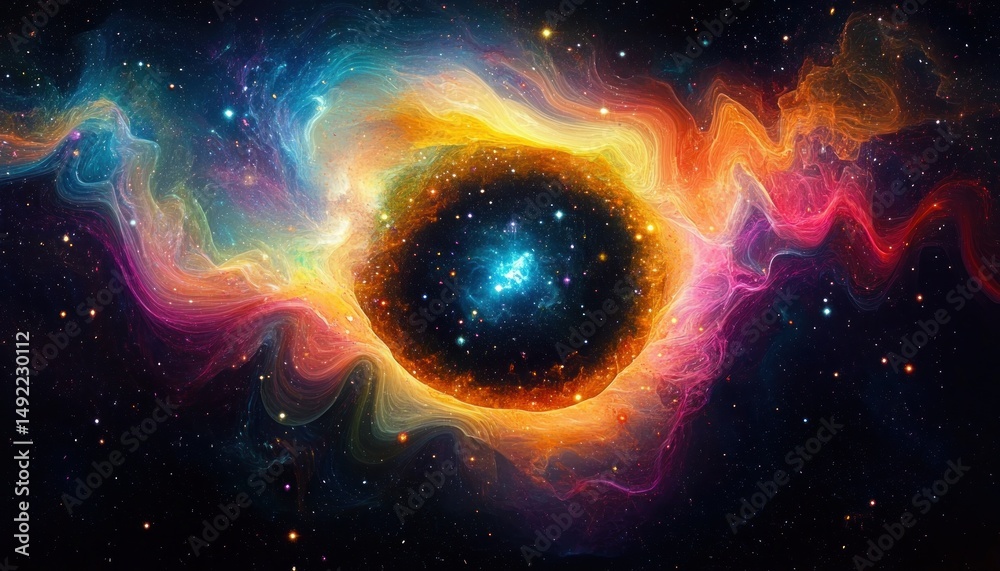 Obraz premium Vibrant cosmic nebula swirling with colorful gases surrounding a dark central core filled with glowing stars, evoking a sense of mystery and vastness in space