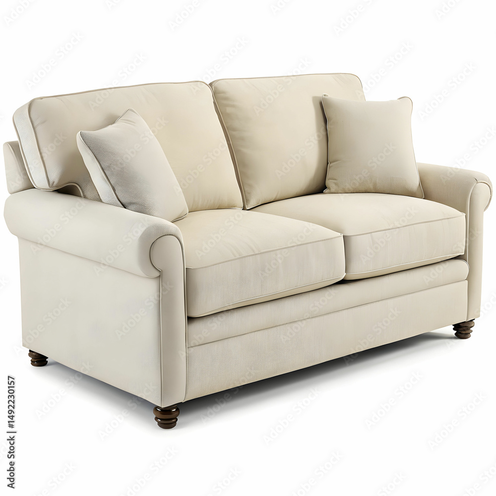 Fototapeta premium A loveseat is isolated on a white background, featuring a compact, cozy design with cushioned seating