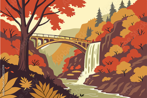 104 colorful autumn scene, lush foliage, cascading waterfall, wooden bridge, scenic nature landscape, detailed texture, high resolution