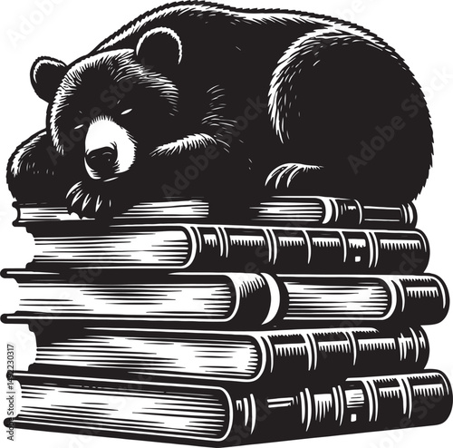 A monochrome illustration of a bear sleeping peacefully on a stack of books art