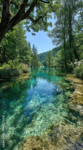 Vibrant turquoise waters of Plitvice Lake reflect surrounding lush greenery on a bright sunny day, inviting visitors to explore the serene landscape and enjoy nature's tranquility