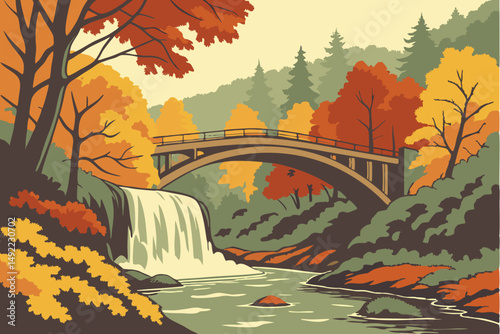 104 colorful autumn scene, lush foliage, cascading waterfall, wooden bridge, scenic nature landscape, detailed texture, high resolution