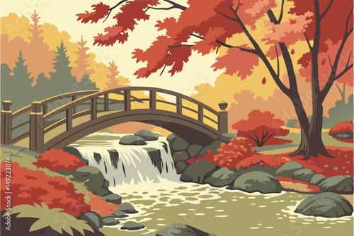 104 colorful autumn scene, lush foliage, cascading waterfall, wooden bridge, scenic nature landscape, detailed texture, high resolution