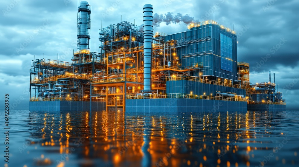 Fototapeta premium Modern industrial facility surrounded by water with illuminated structures and smoke emission