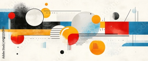 Abstract geometric art with circles, rectangles, and lines in red, orange, yellow, blue, and black on a white background