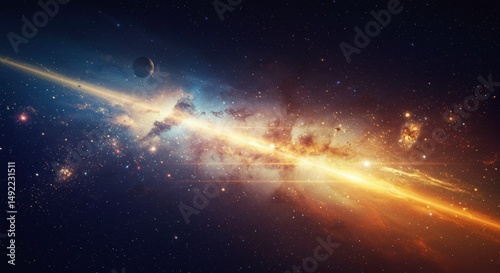 Celestial Burst Golden Ray Across Cosmic Nebula with Distant Planet