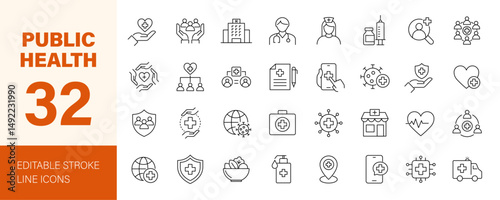 Public health icon set. Containing healthcare, doctor, hospital, medical services, vaccine, hygiene, healthy lifestyle, health awareness and more. Editable line icons. Vector illustration.